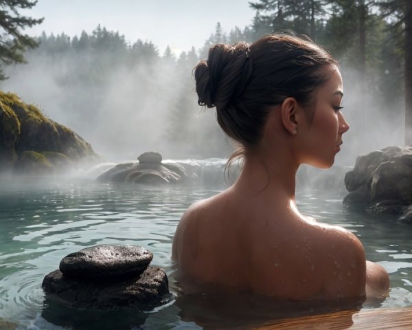 Woman in a hot spring with misty atmosphere and stones