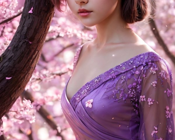 Young Woman in Purple Dress Under Cherry Blossoms
