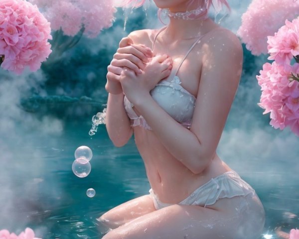 Young Woman in Mystical Pond with Pink Hair and Bikini