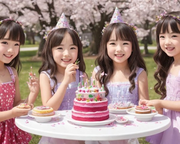Young girls celebrating outdoors with a decorated cake