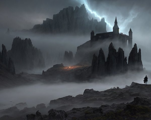 Foggy Landscape with Gothic Castle and Lightning