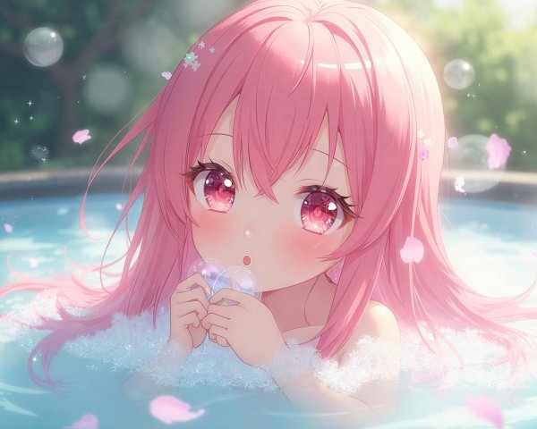 Anime Illustration of a Girl in a Hot Tub with Bubbles