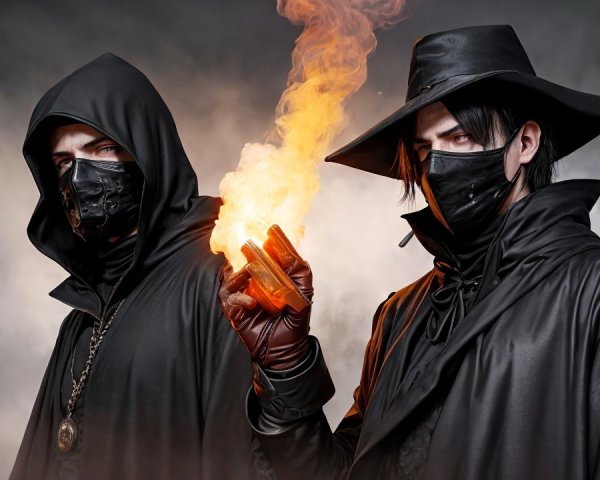 Figures in Dark Clothing with Flame and Smoke Background