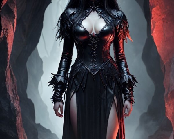 Mystical Figure in Dark Cave with Intricate Outfit