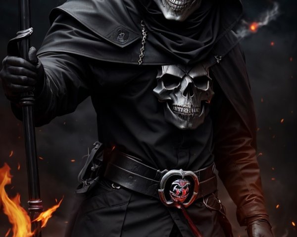 Menacing figure in dark robes with scythe and skull