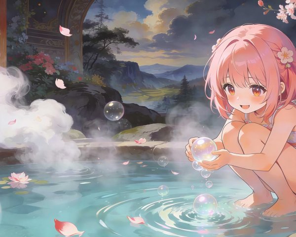 Anime-style digital painting of a girl in a hot spring
