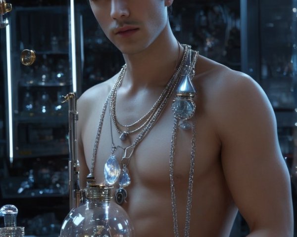 Young man in a dimly lit laboratory with necklaces