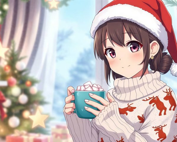 Cozy Christmas Scene with Anime Girl and Decorations