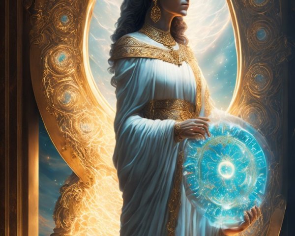 Majestic Figure in Golden Archway with Blue Orb