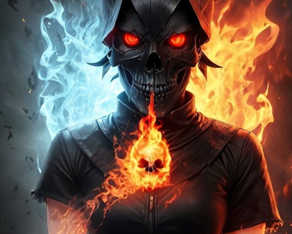 Formidable figure in flames and icy mist with helmet