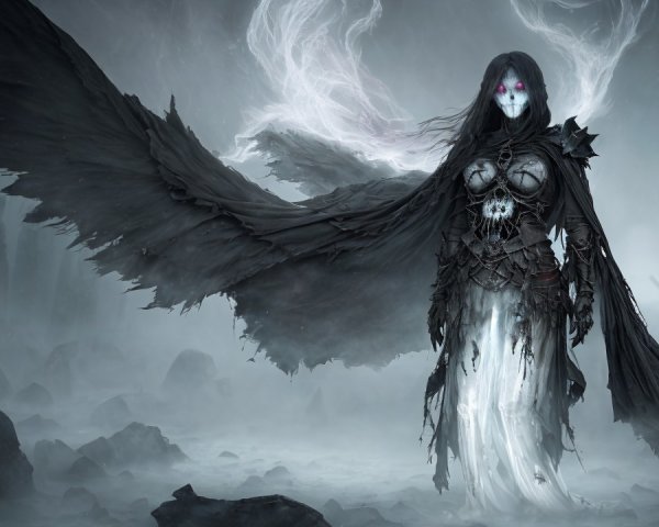 Evil witch in a foggy graveyard with glowing features