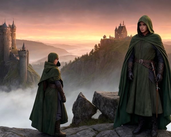 Medieval Castle at Sunset with Cloaked Figures