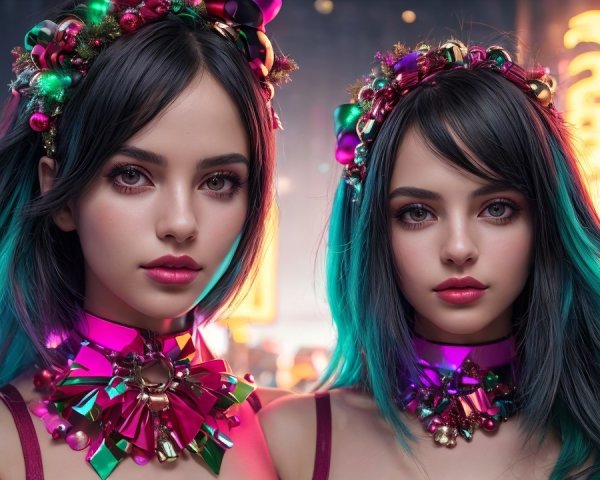 Girls in Colorful Headbands with Neon Cityscape Background