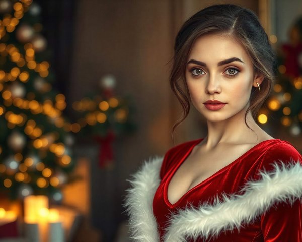 Closeup of Woman in Red Velvet Santa Dress with Tree