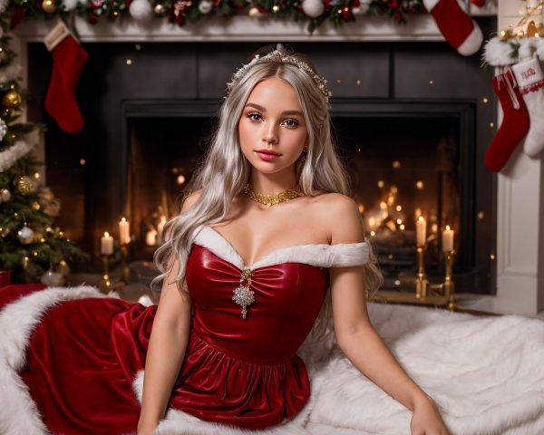 Young Woman in Christmas Dress with Decorated Tree