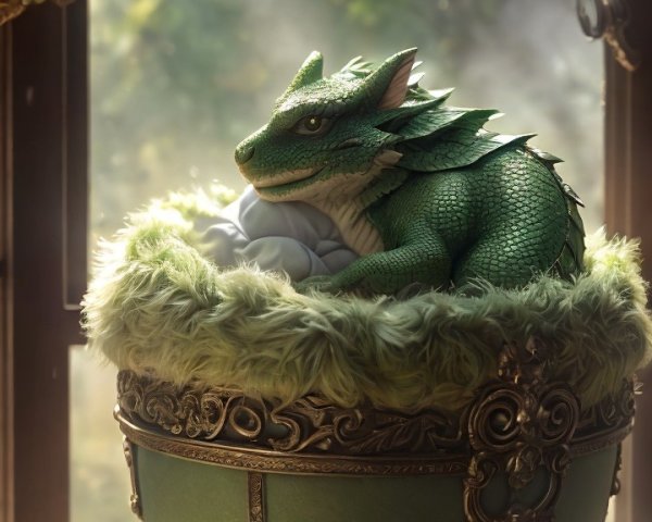 Green Baby Dragon Resting in Ornate Decorative Container