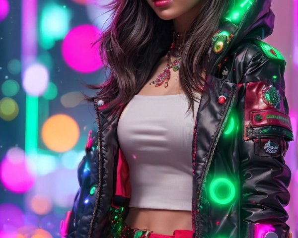 Cyberpunk Christmas Portrait of Young Woman in Jacket