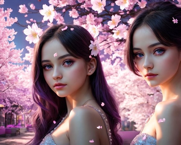 Young Women Among Cherry Blossom Trees in Bloom