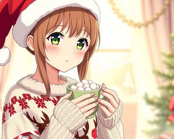 Young anime girl in Christmas attire with festive mug