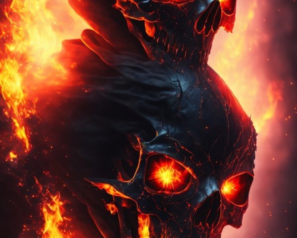 Stacked Skulls with Horns and Glowing Eyes in Flames