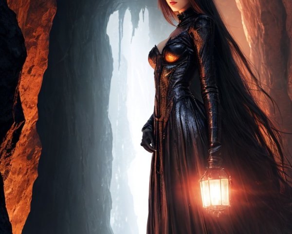 Mysterious Figure in Dim Cave with Lantern and Horns