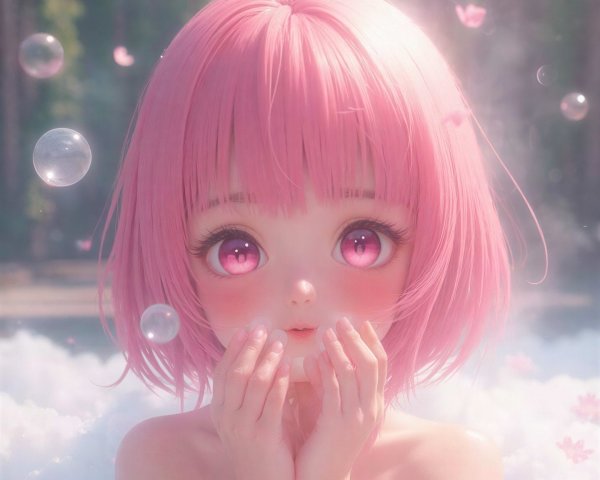 Anime girl in bathtub with pink petals and bubbles
