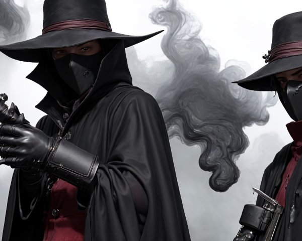 Men in V for Vendetta Costumes with Swords and Cloaks