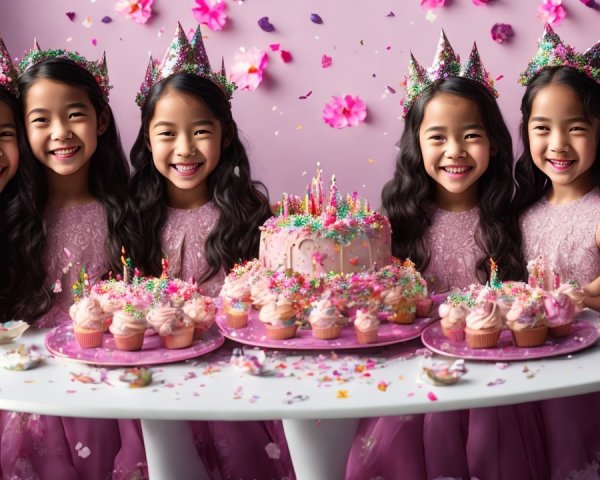 Cheerful Girls in Pink Dresses at a Festive Celebration