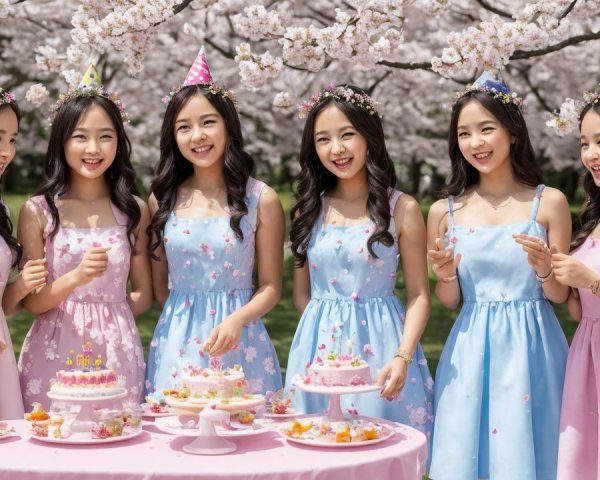Young Women Celebrate Under Cherry Blossom Trees