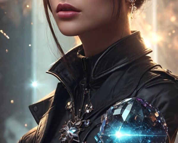 Young woman in stylish attire with shimmering backdrop