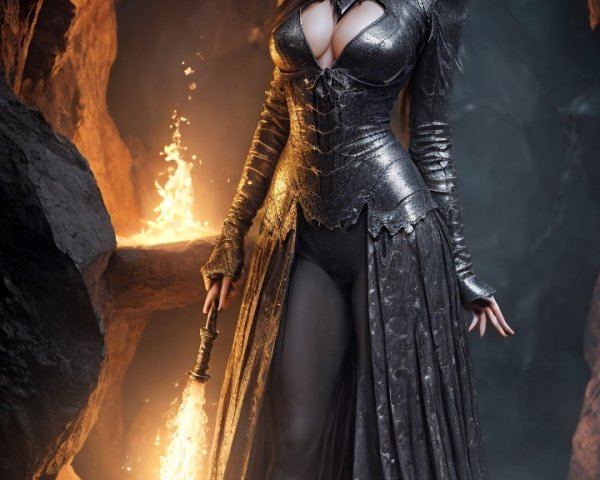 Figure in Metallic Armor with Glowing Staff in Cavern