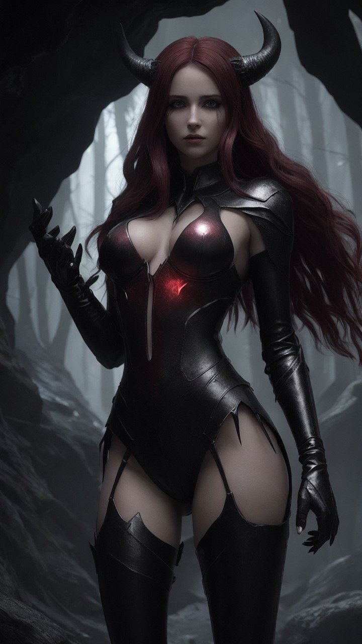 Character in Shadowy Cave with Glowing Chest and Horns