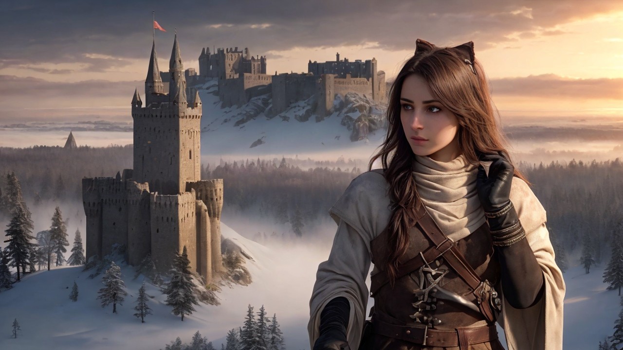 Female Warrior in Medieval Armor with Castle Background