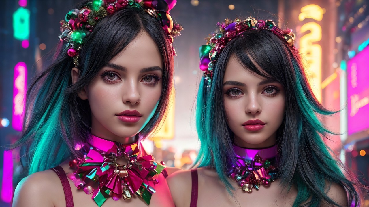 Girls in Colorful Headbands with Neon Cityscape Background