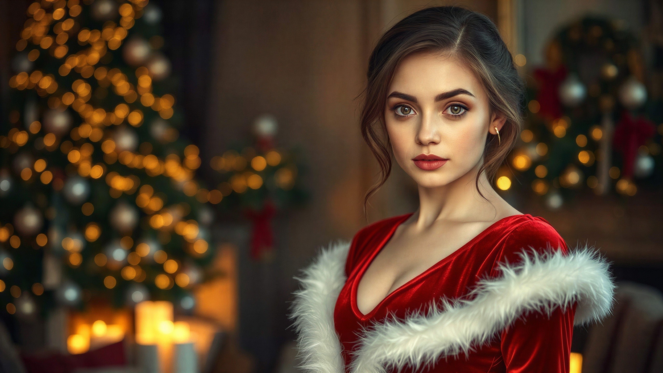 Closeup of Woman in Red Velvet Santa Dress with Tree