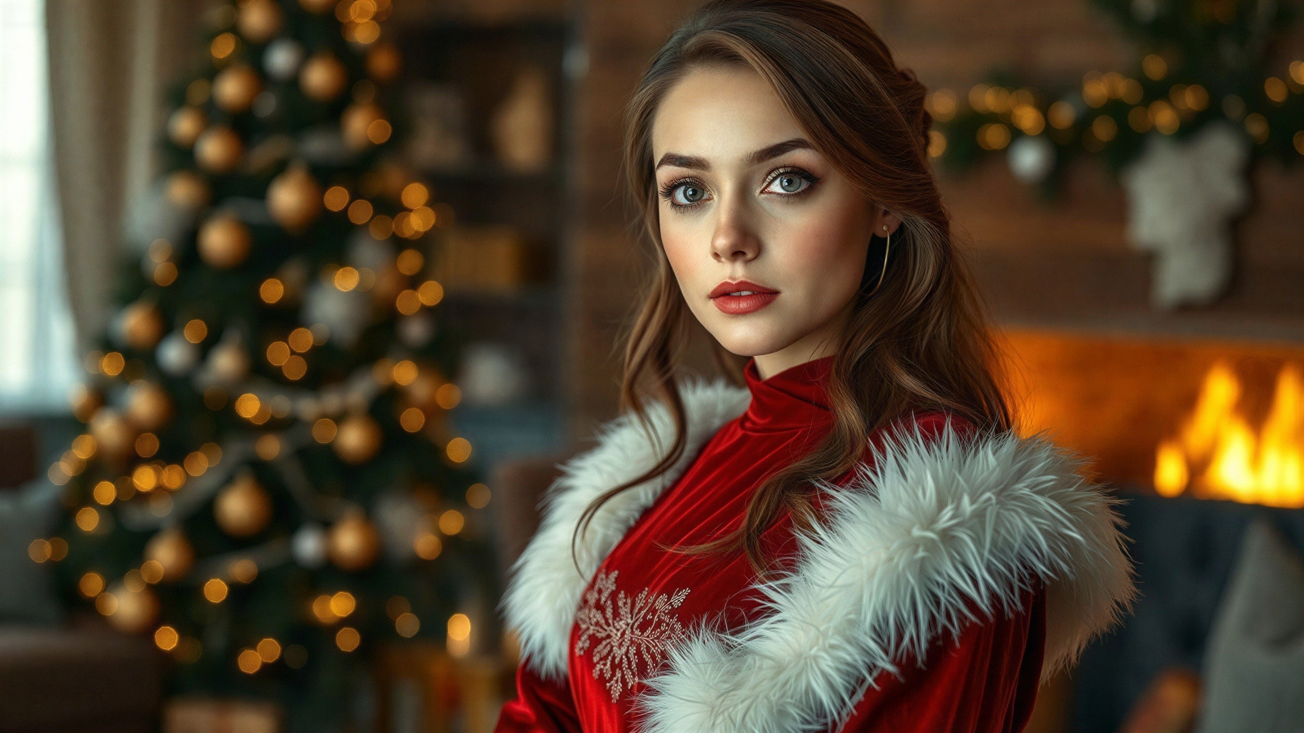 Young Woman in Red Dress with Christmas Background