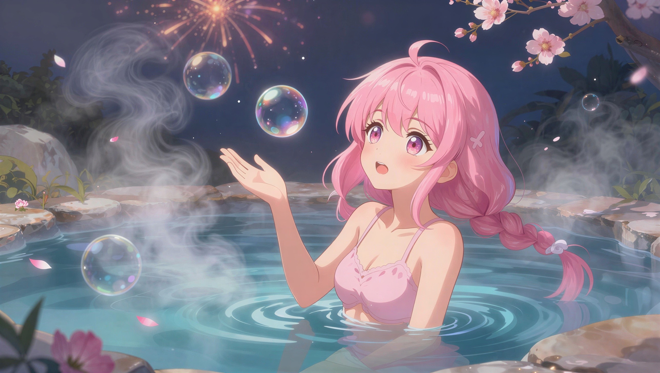 Anime-style digital painting of a woman in a hot spring