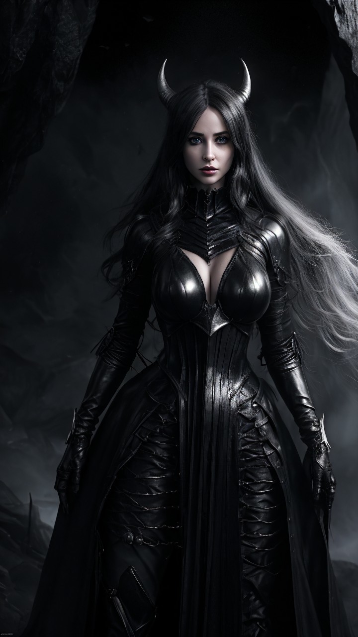 Mysterious Figure in Black Outfit with Horns
