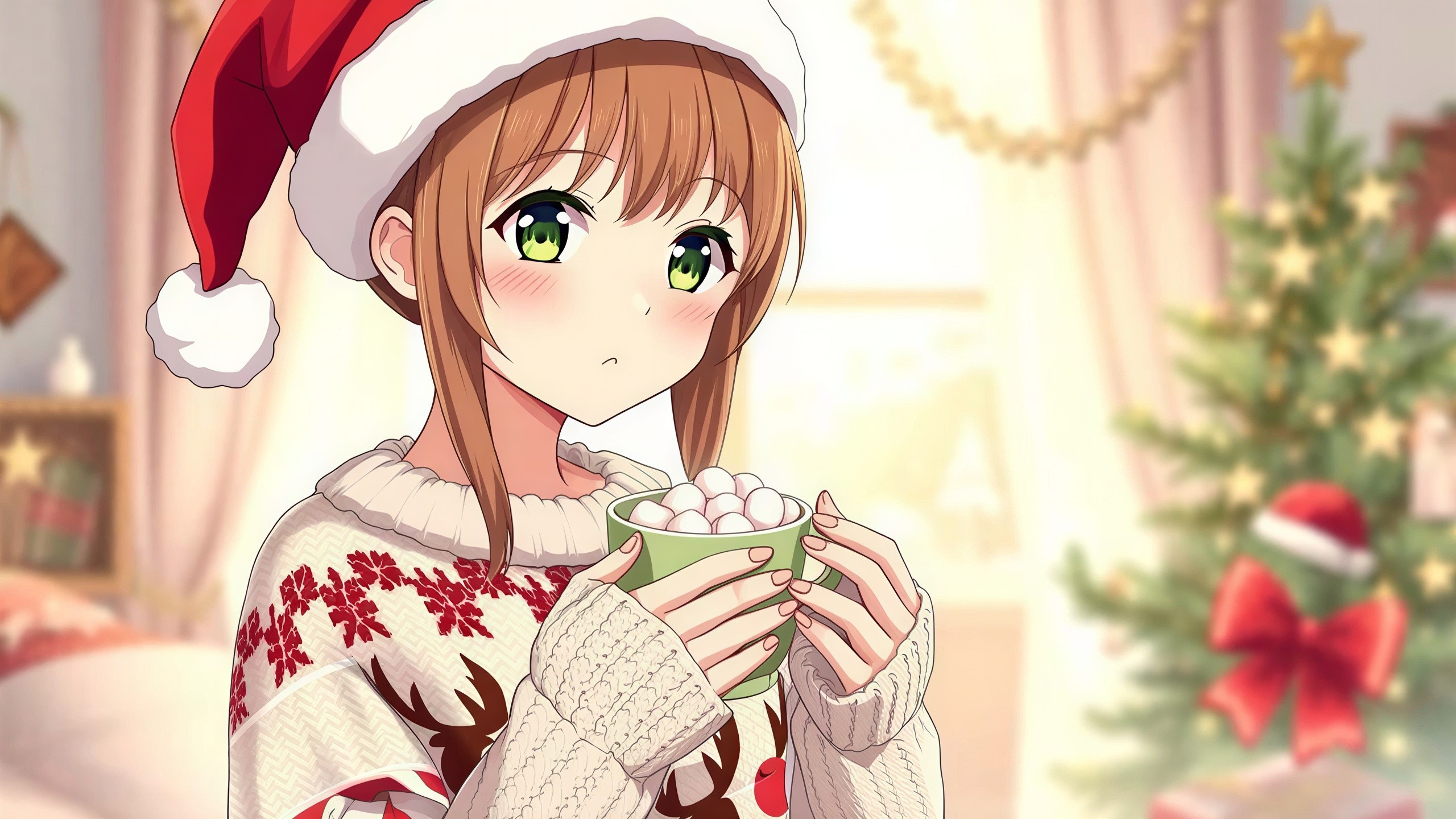 Young anime girl in Christmas attire with festive mug