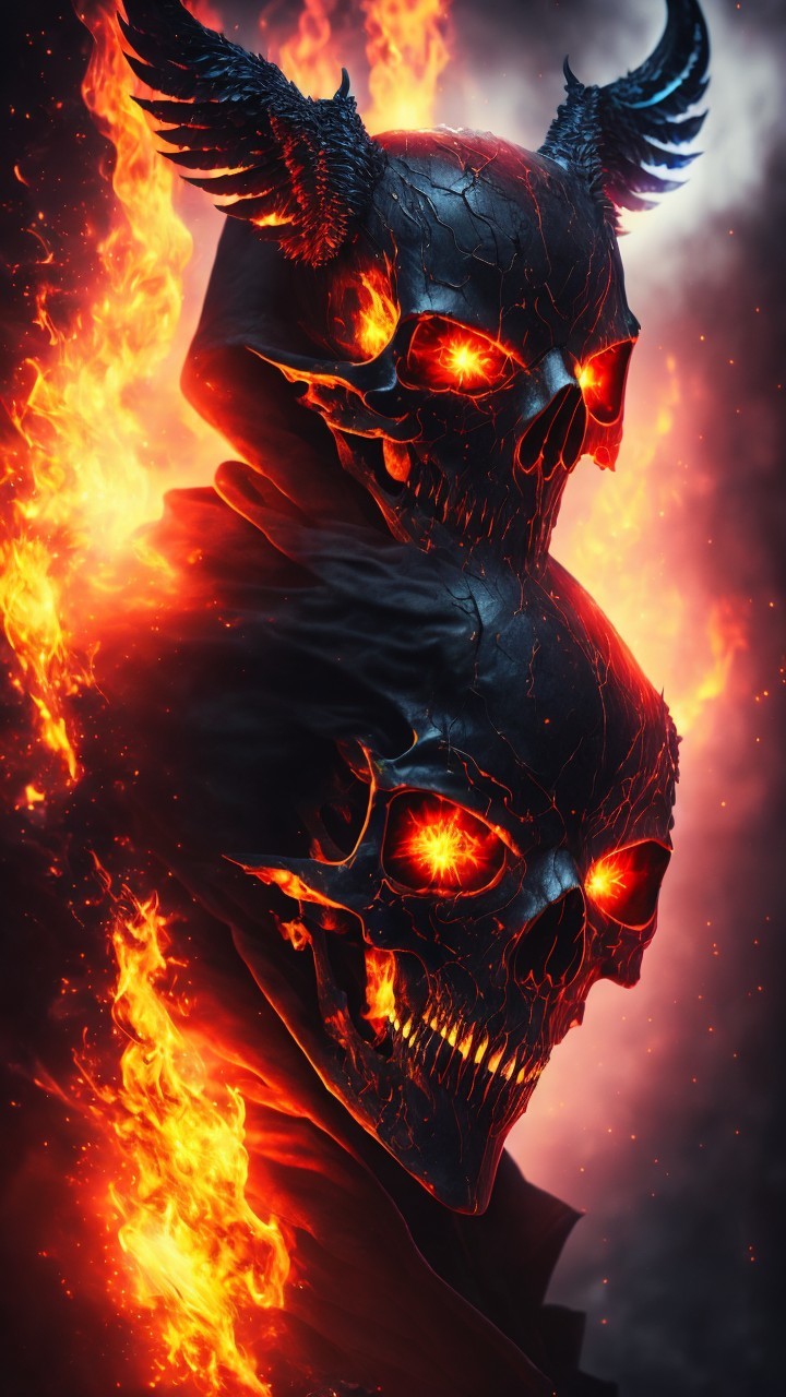 Stacked Skulls with Horns and Glowing Eyes in Flames