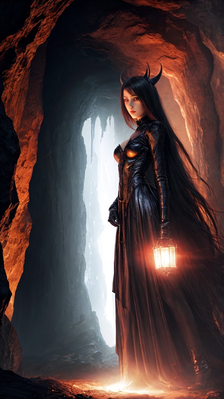 Mysterious Figure in Dim Cave with Lantern and Horns