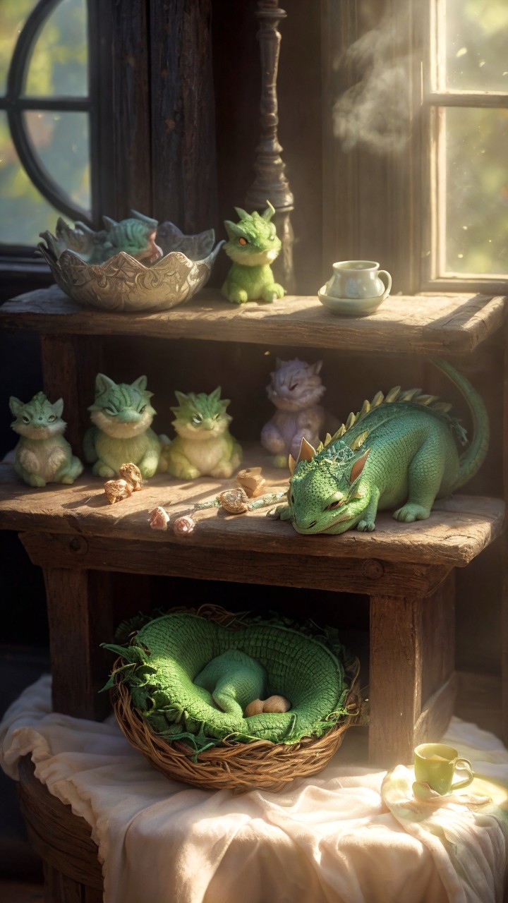 Whimsical Interior Scene with Dragon Figurines and Baby Dragon