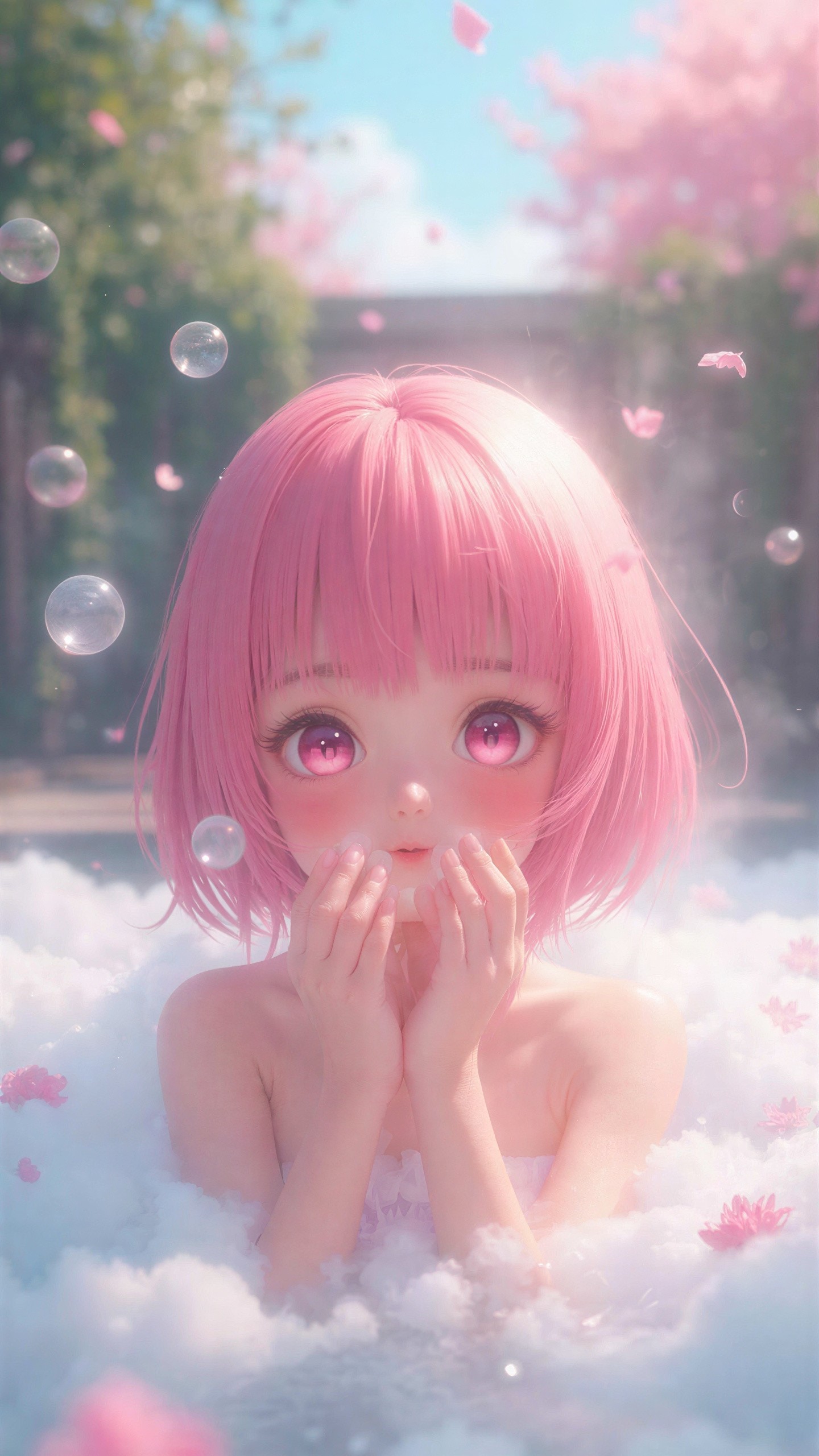 Anime girl in bathtub with pink petals and bubbles