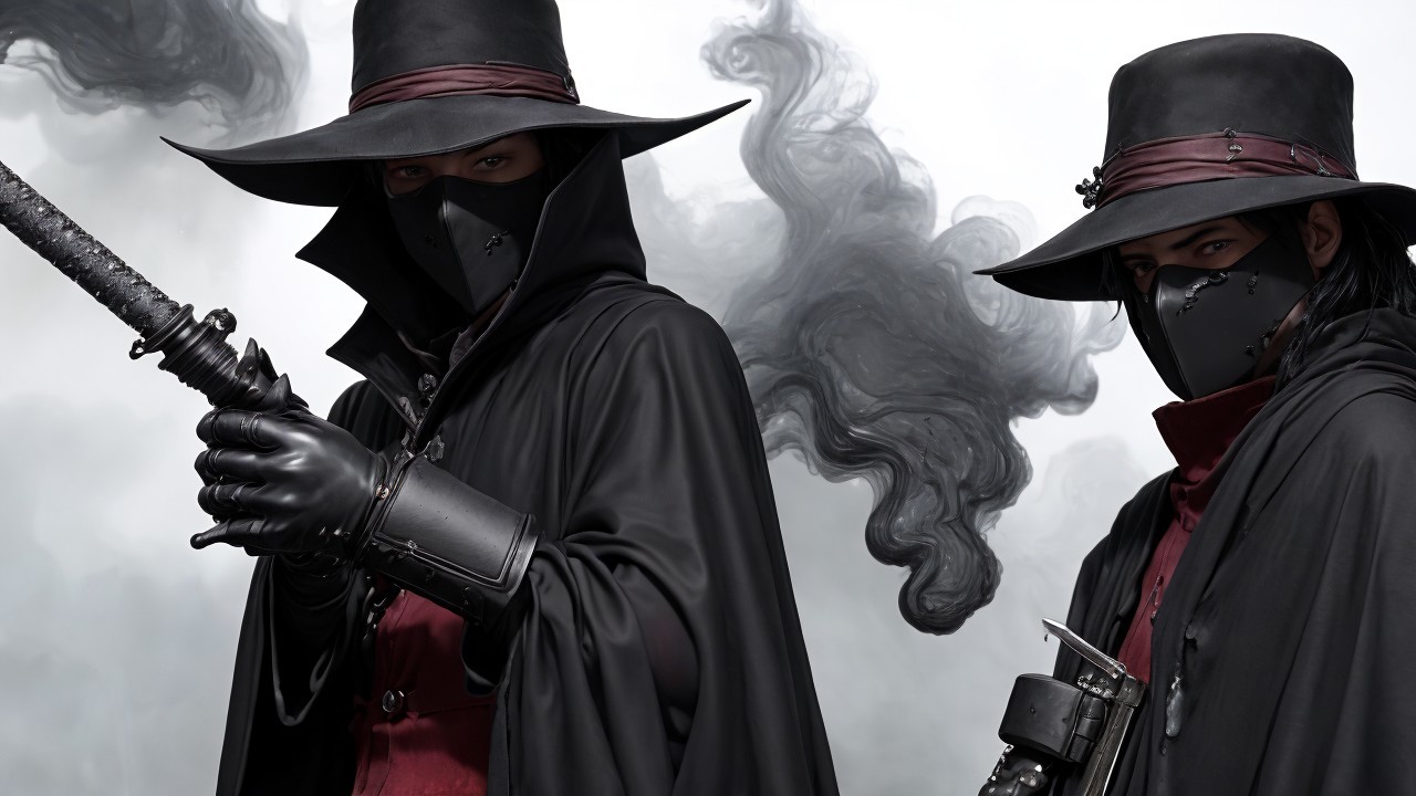 Men in V for Vendetta Costumes with Swords and Cloaks
