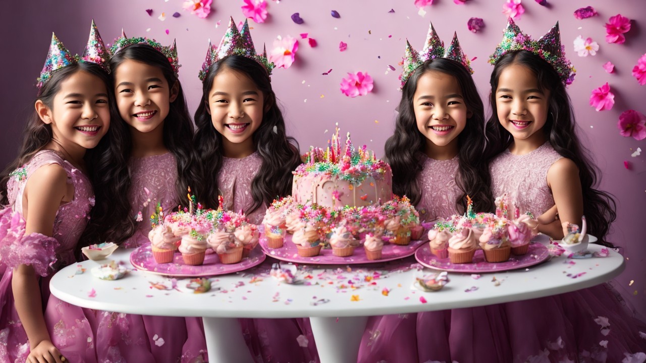 Cheerful Girls in Pink Dresses at a Festive Celebration