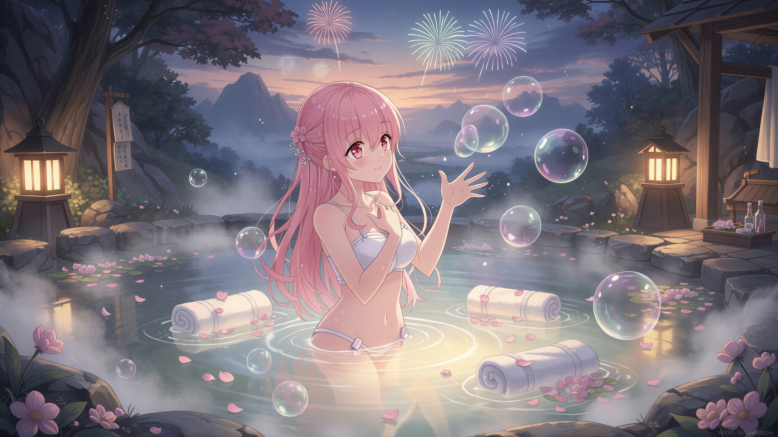 Anime Illustration of a Woman in a Hot Spring