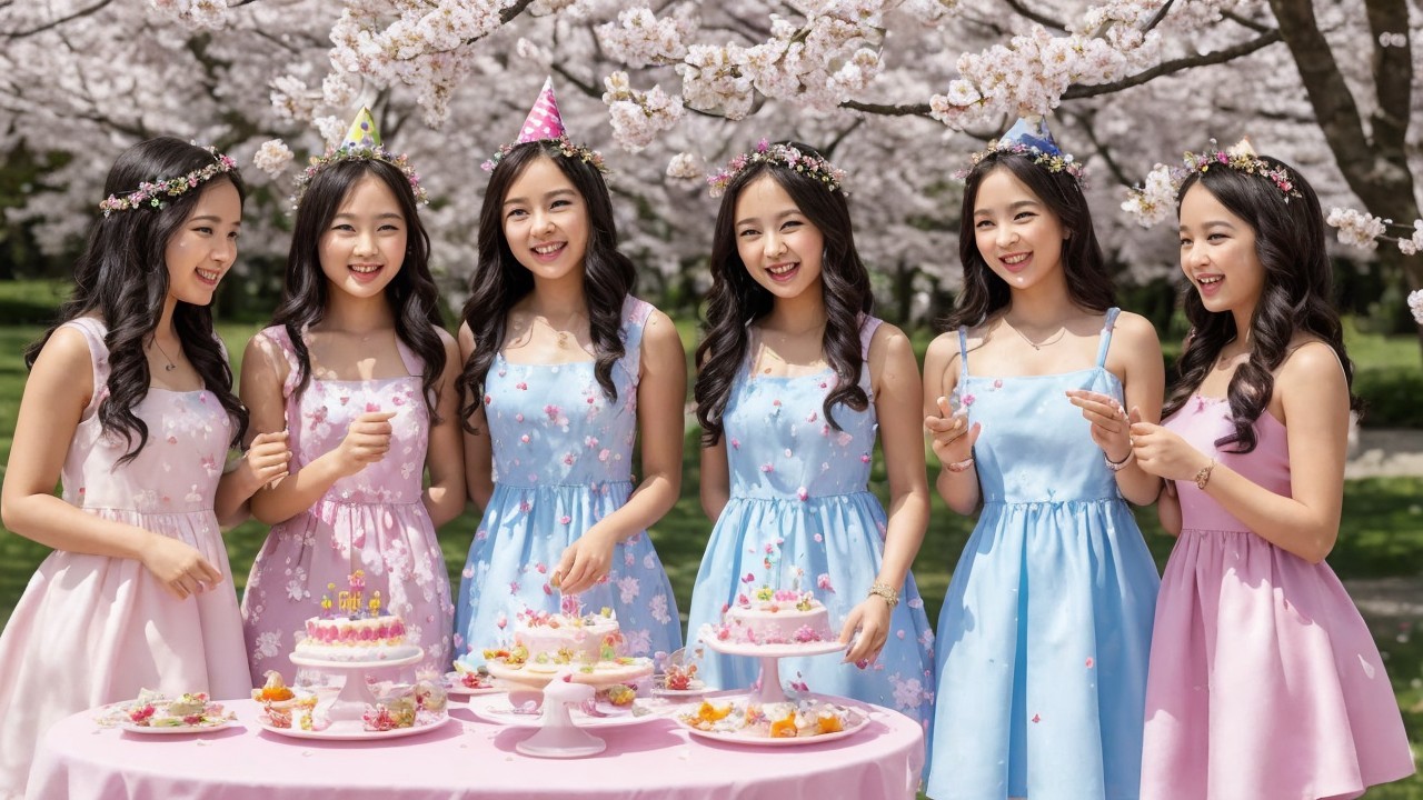 Young Women Celebrate Under Cherry Blossom Trees