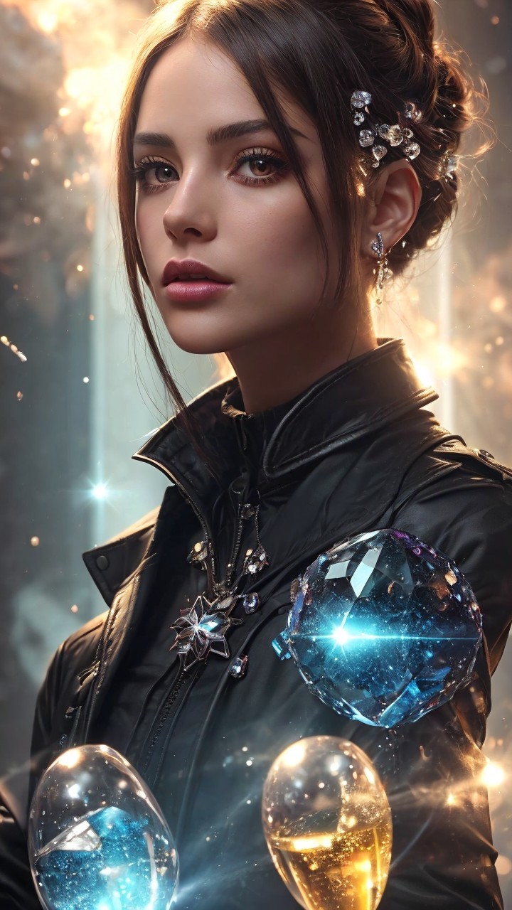 Young woman in stylish attire with shimmering backdrop