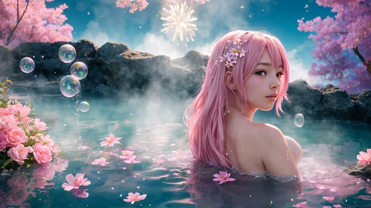 Pink-haired girl in serene hot spring with blossoms