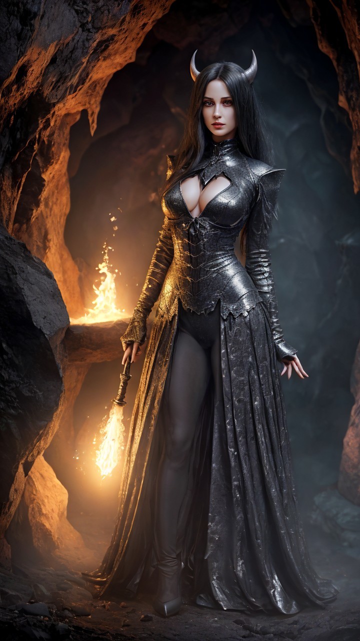 Figure in Metallic Armor with Glowing Staff in Cavern